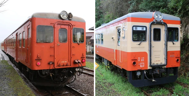 1960年代にデビューしたキハ52(左)と、昨年デビューしたキハ20(右)。外見はそっくりだが、キハ20 の車内はバリアフリー対応トイレなど最新設備でファンをおもてなし
