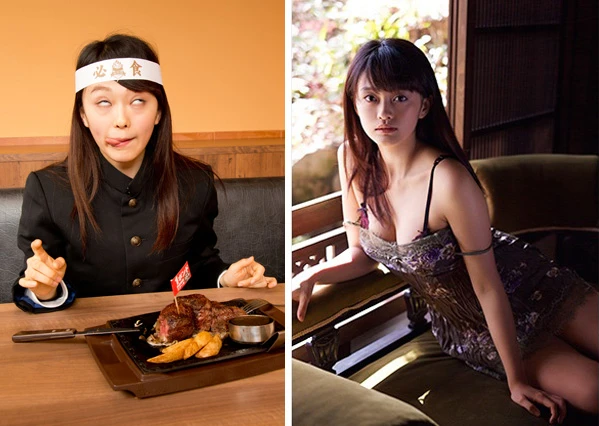 【左】ＳＮＳ用に変顔で撮影する山地さん【右】グラビアモードの山地さん（撮影／熊谷貫）　※どちらも同一人物です