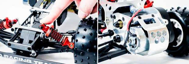 【左】赤色のアルマイト処理が施されたダンパーは「オプティマ」を象徴するパーツ。実はこれもサイズアップされた新規パーツとなっている【右】ギアボックスを分解して、モーターを交換するなど、基本的なメンテナンスは簡単に行なえる