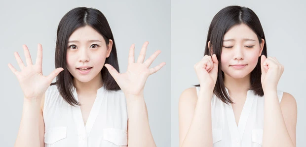 【眼トレ】グーパートレ（１）目をギュッと閉じて２秒間キープします。（２）次に目をパッと見開いて２秒間キープします。（３）これを３～５回繰り返します。