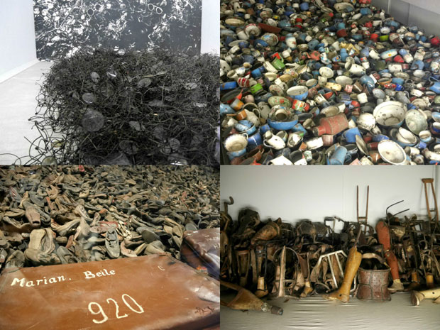 おびただしい数の遺品。左上から時計回りに、メガネ、食器、義手義足、靴や名前の書かれた鞄