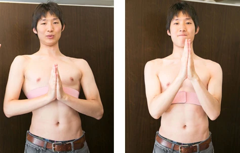 ポイントは腕に力をいれないこと。脇を締めるようにすると、自然と胸郭が上がり、広背筋にも効いていることが体感できるという。