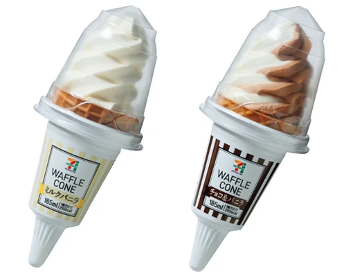 (右)ワッフルコーン チョコ&バニラ 183円