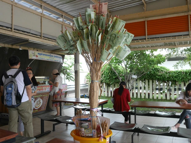 街中で見かけたタンブンツリー(お布施の木)。仏さまやお寺を見る度に手を合わせる人もよく見かける