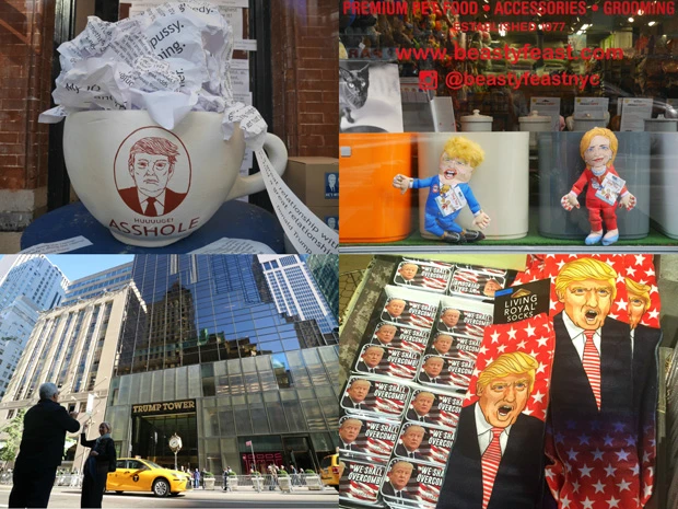 トランプvsヒラリーのグッズとトランプタワー外観(左下)
