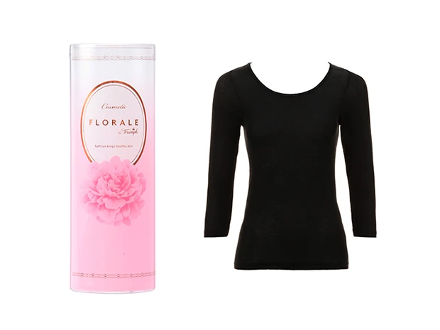 トリンプから発売されている「化粧品インナー FL905シリーズ」。七分袖トップ(画像右)は6300円で、画像左のようなパッケージに入れて販売されている