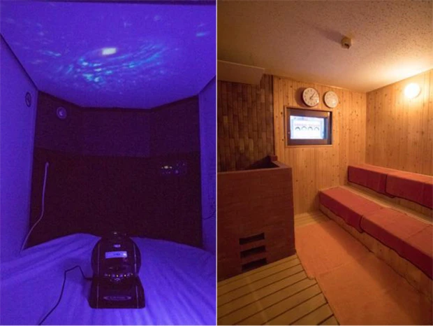 【左】無料でプラネタリウムの貸し出しも可。面白い演出だ。【右】進化系のなかでは珍しい、本格的な遠赤外線サウナも完備