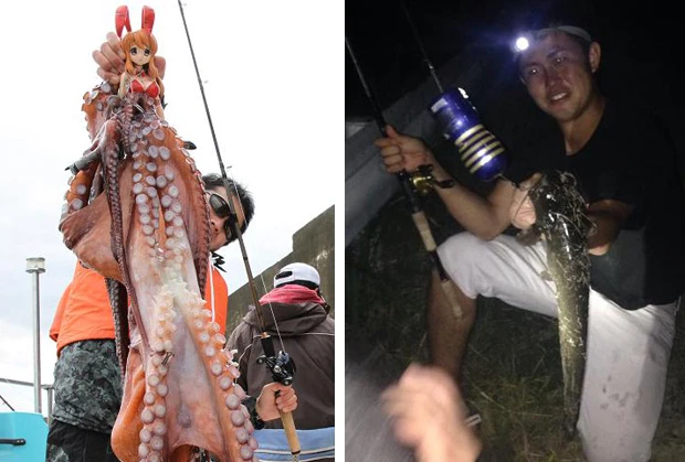  美少女フィギュアでミズダコ（左）、ＴＥＮＧＡでナマズ（右）を釣る小塚氏。釣り業界の「このルアーでしか釣れない」といった宣伝文句が事実ではないことを証明するためなのだとか。