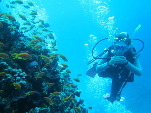 魚に感動し「ワァ!」と言った口からレギュレーターが外れないように手で押さえるマリーシャ