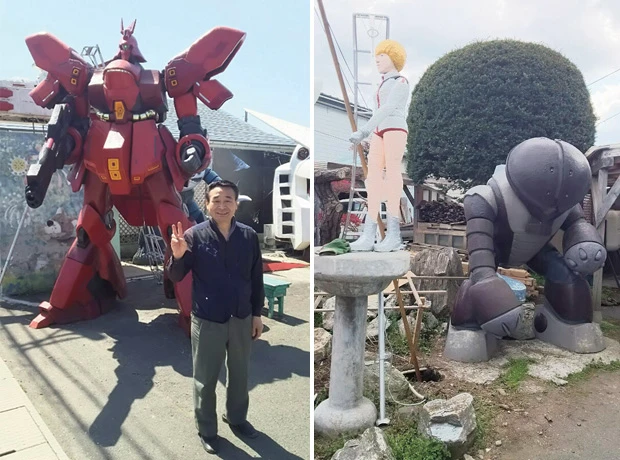 完成間近のサザビーと鈴木さん(左)。アッガイとアムロ(右)