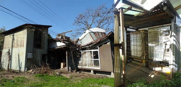 建物が崩壊し、廃墟のように見えるが、中には自販機が