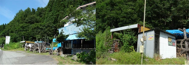 一見、廃墟のように見える奥に自販機小屋が