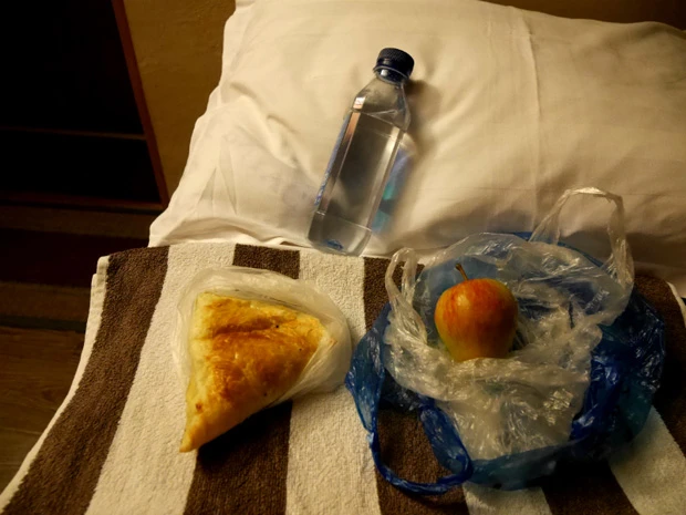 到着したのは夕方。もう今日は神経を使いたくないし、持っていたリンゴと近所でサモサだけ買って、ひもじい旅人の夕食