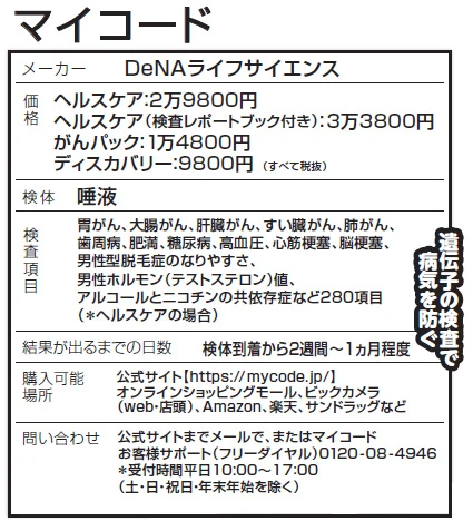 唾液から採取した遺伝子を解析し、病気のかかりやすさや体質などの「遺伝的傾向」をチェック。健康面のリスクや病気を予防するためのアドバイスも