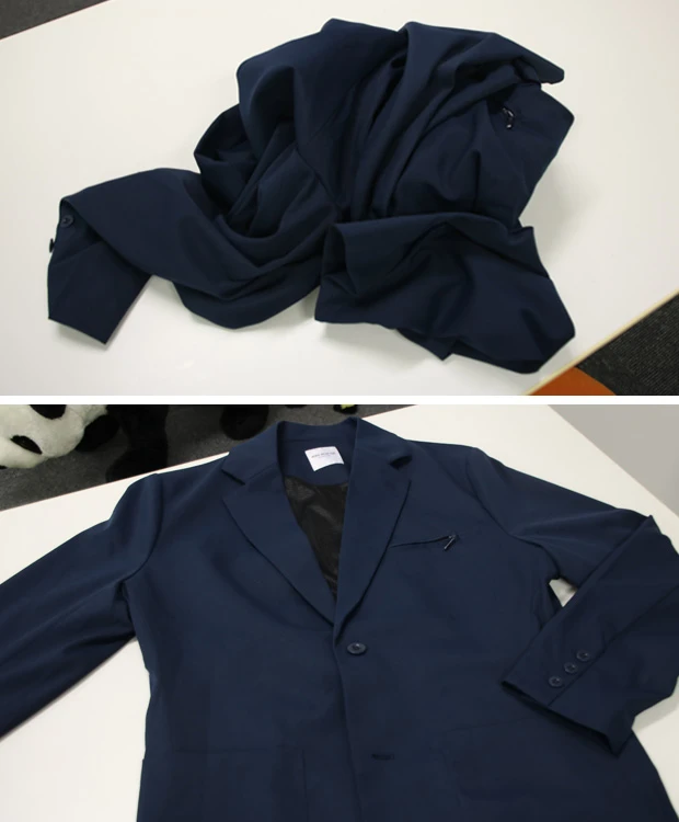 こんなにぐちゃっと丸めても(上)、シワもつかずあっという間に元通りに(下)