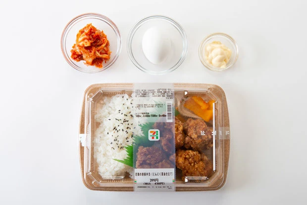 唐揚げ弁当+キムチ+ゆで卵+マヨネーズ