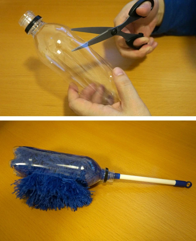 ペットボトルの側面を幅５ｃｍ程度切り取り、１００均グッズの化繊ハタキをセットする。回転させながら使うことで、ホコリの飛散防止になる