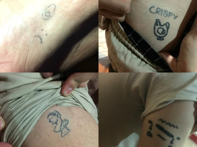 宿友ジャックのシュールなタトゥー。左上のアボカドがイイ感じ