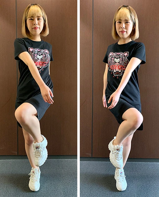 【ゾンビ体操〈上級編〉】 初級編の動作を同時に行ない、膝を少し上げ気味にする。これを６０秒続け、その後、足踏みだけ３０秒行なう。これを１セットとして、３セット繰り返す。それを一日３回行なう