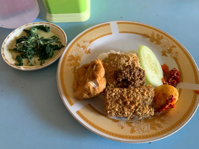 パダン料理。テンペ（インドネシアの納豆と言われるもの）とタフ（豆腐）と揚げたゆで玉子。結局茶色い（笑）