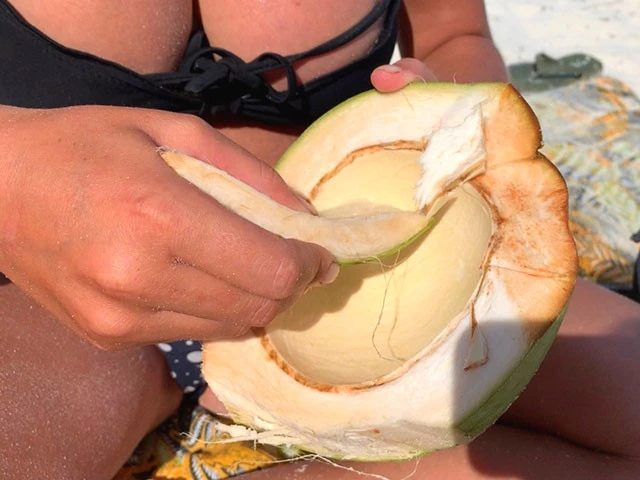 ビーチで丸ごとココナッツジュースを飲みきり、実の内側についた果肉を皮でへずりながら食べた