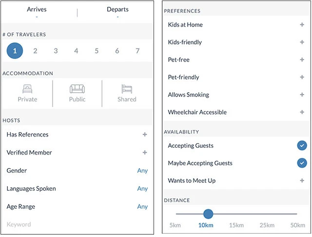 「Ｃｏｕｃｈｓｕｒｆｉｎｇ（カウチサーフィン）」スマホアプリの検索画面。（左）泊まる側の人数や借りたい寝床のスタイルまで設定できる。（右）さらに細かく、子供やペットの有無、喫煙禁煙などもフィルターをかけられる