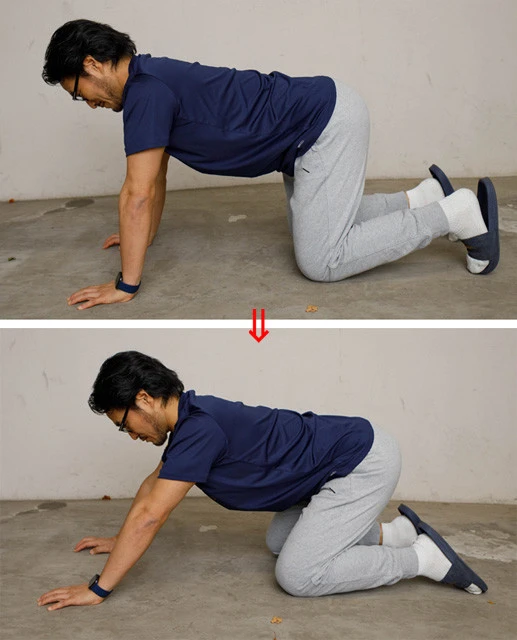 《四つんばいスクワット》肩幅ほどに手と足を開いて四つんばいの体勢になり、背筋は真っすぐ、足首は立てる。そのままかかとにお尻をつけるように腰を引く。腰回りの筋肉や股関節を柔らかくするだけでなく、座るときに大切な股関節を折り畳む感覚が身につく。毎日１２回１セットで予防になり、ぎっくり腰の応急処置としても有効だ