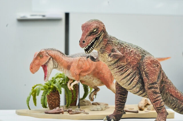 ティラノサウルスが発見された当初は頭を上げた姿勢だと考えられていたが(右)、足跡の化石にしっぽを引きずった跡がないことから前傾姿勢が主流になった(左)