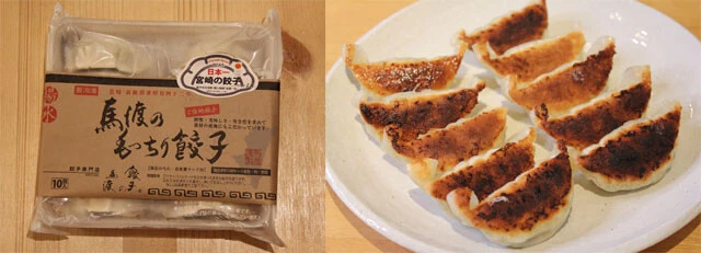 「黒兵衛」で修業し、1967年に開業した「餃子の馬渡」。2種類の小麦粉を使った「もっちり皮」は、ラードで焼いているにもかかわらず、蒸したようにもちもち。宮崎のブランド豚と黒毛和牛肉を粗びきにしたあんは、食べ応え十分。通販にも対応