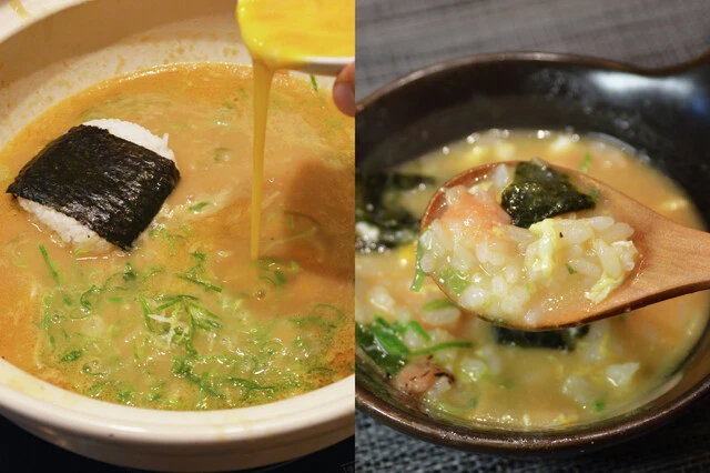 (5)シメる! 麺をすべて食べたら高菜めんたいこおにぎりと溶き卵を入れて雑炊にしよう。おにぎりの塩分もプラスされるため、味を確認しながら熱湯を追加して濃さを調整するとよい