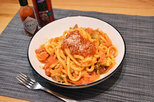 (5)完成!「丸亀製麺で作るスパイシーナポリタン」