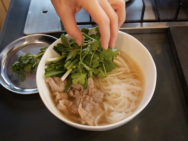 ６．適当なサイズにカットした青ねぎや香草類を乗せ、ライムや生唐辛子を添える