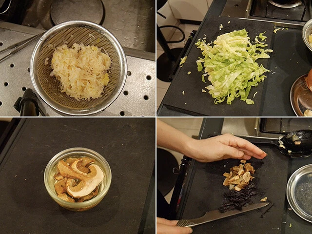 (左上)ザワークラウト、(右上)キャベツ、(左下)お湯で戻した乾燥ポルチーニ、(右下)乾燥ポルチーニとプルーン