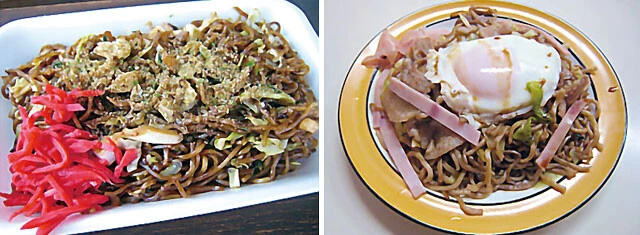 （左）静岡県富士宮市にある老舗「すぎ本」の焼きそば。昭和23年と富士宮でも一番古く、B級グルメで名を馳せた「富士宮焼きそば」の元祖ともいえる。（右）栃木県宇都宮市にある「石田屋」の焼きそば。浅草と東武鉄道で繋がっている栃木群馬との両毛地域では、早期からソース焼きそばが普及していたそう