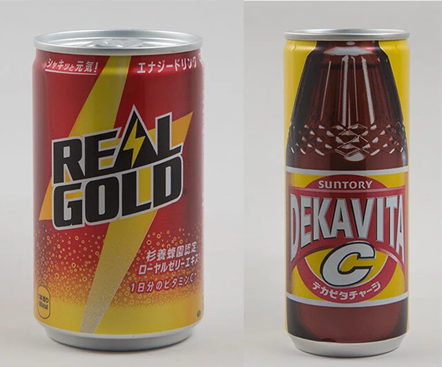 リアルゴールド（コカ・コーラ）　160ミリリットル（小缶）／68円。デカビタC（サントリーフーズ）　240ミリリットル／140円。デカビタCはカフェイン少なめ。リアルゴールドはノンカフェインなので寝る前や子供でも飲用が可能