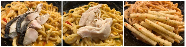 （左から）「炙りしめさば」、「ほぐしサラダチキン」、「じゃがりこ サラダ味」をトッピング。それぞれまったく違う味わいになるので、いろいろ試してみてほしい