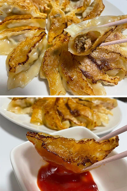 ナポリタン餃子。ウインナーなどをケチャップで味つけしたあんの餃子にケチャップをディップして食べる