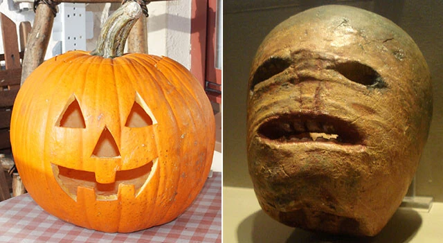（左）19世紀にアメリカで生み出されたカボチャのジャック・オー・ランタン（右）アイルランドで作られていた白カブ製の元祖ジャック・オー・ランタン（Rannphairti anaithnid at English Wikipedia, CC BY-SA 3.0〈https://creativecommons.org/licenses/by-sa/3.0〉, via Wikimedia Commons）