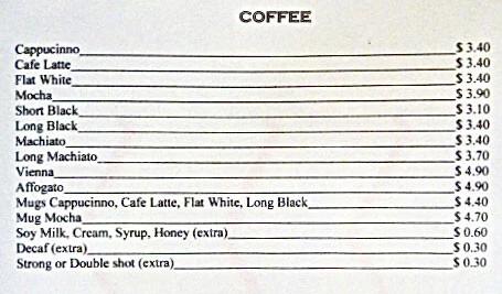 オーストラリアのカフェのメニュー例