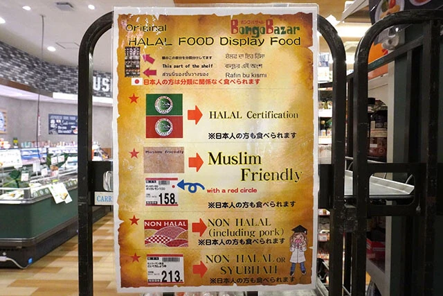 ムスリムも日本人も買い物がしやすいように丁寧に説明してあるPOP