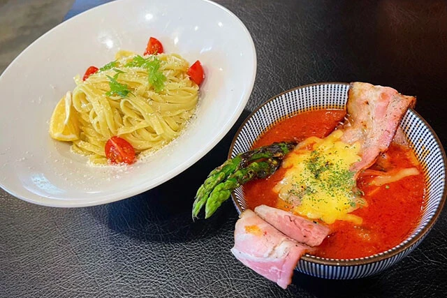 東京・高田馬場の麺屋宗の「富士トマトつけ麺」。2021年に期間限定で販売されたが、今年復活予定! ほかにも、ナポリタンまぜそばを開発中