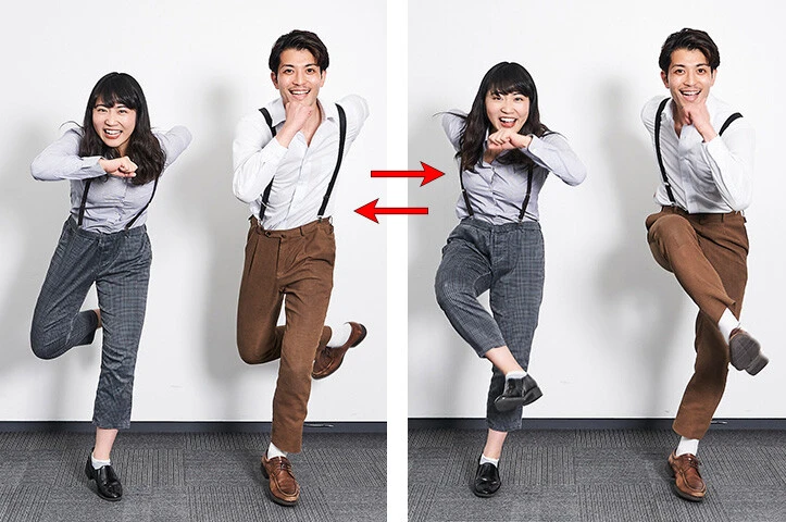 ①左足を軸に、右足を勢いよく左後ろに、そしてすぐに左前に蹴り出す! 2回繰り返す