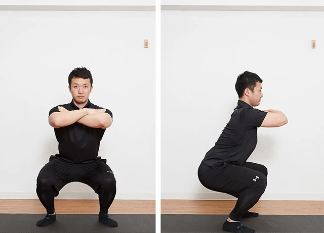 スクワット②頭からお尻のラインを一直線にして、腰を下ろしていく