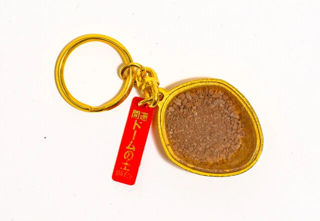スポーツ施設にも現物お土産が! 東京ドーム形のキーホルダーの中に、透明のパネルで固定された「東京ドーム土」を封入。巨人党には、いつでも本拠地の土に触れられるうれしいアイテムでした