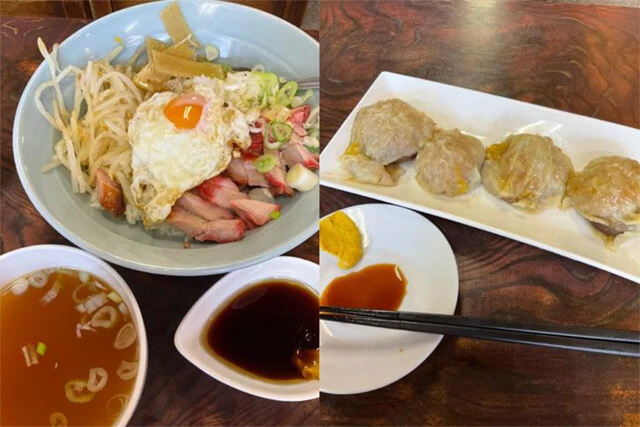 (左)酔来軒の「酔来丼」。(右)椎茸を丸ごと下に引いた名物シュウマイ