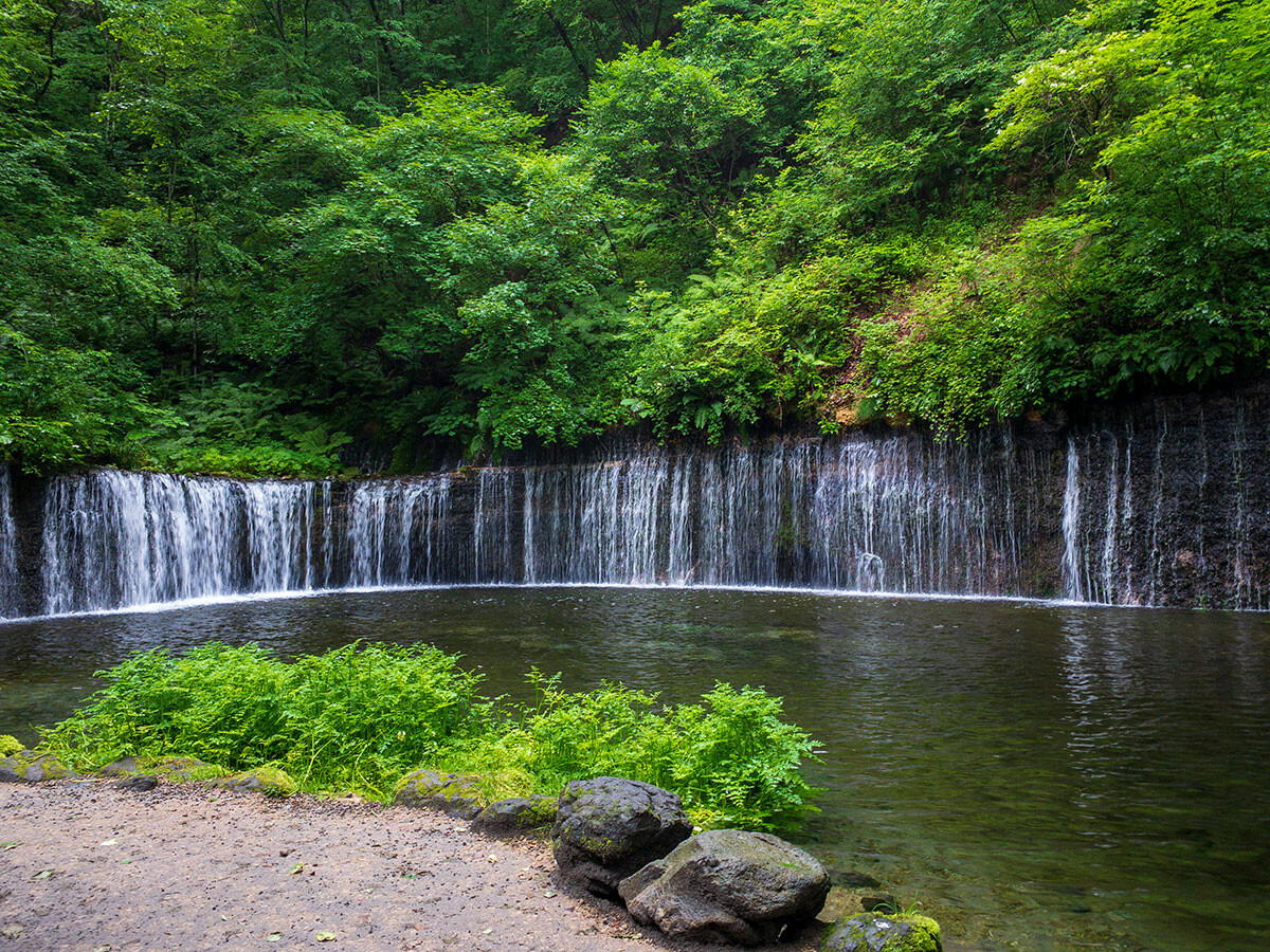 軽井沢町（長野県）岩肌から数百条の地下水が落下する「白糸の滝」