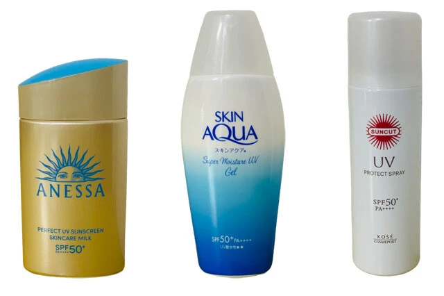 （左から）《日焼け止め》■ミルク（しっとりタイプ）　資生堂「アネッサパーフェクトUV スキンケアミルクNA」3058円　■ジェル（さっぱりタイプ）　ロート製薬　「スキンアクアスーパーモイスチャーUVジェル（110g）」1155円　■スプレー（さらっとタイプ）　KOSE「サンカットRプロテクトUVスプレー（60g）」768円