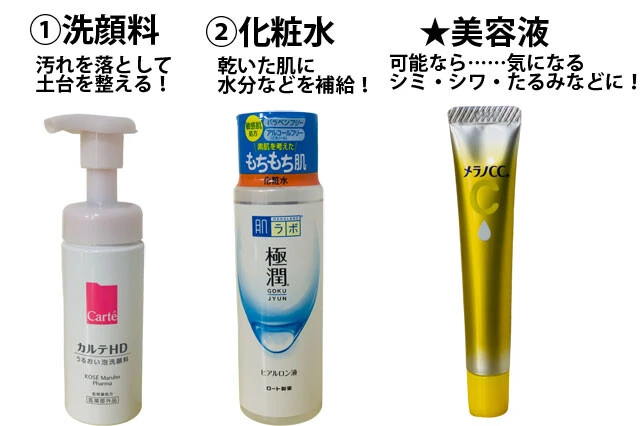 （左から）■KOSE「カルテHD モイスチュアウォッシングフォーム（150ml）」1320円　■ロート製薬「肌ラボ 極潤 ヒアルロン液（170ml）」オープン価格（メーカー公式通販サイトで814円）　■ロート製薬「メラノCCR薬用しみ集中対策プレミアム美容液」1628円