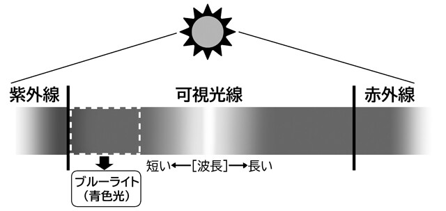 図表2光は波長の長さによって種類が分かれ、ブルーライトは波長が短い紫外線寄りの光に区分されます。ブルーライトの研究はまだまだ進んでいないので、悪影響を誇張した宣伝には注意が必要です！