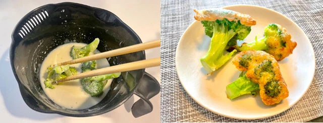 【茎も食べられるぞ！　ブロッコリー茎の ポン酢サラダ】ブロッコリーの茎は生のままで、皮を取り除き、ピーラーでむいていく。ポン酢をかけ、かつお節をのせて完成